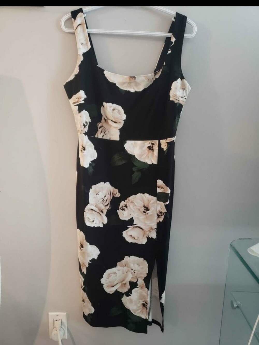 Floral Black Midi Dress with Ivory Rose Print